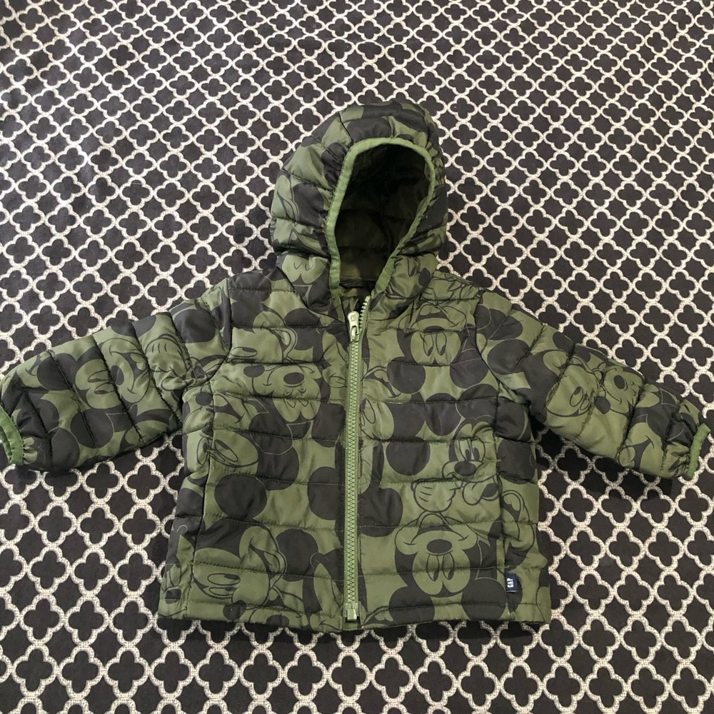 Baby GAP DISNEY MICKEY LIGHTWEIGHT Green PUFFER JACKET Zip Coat Sz 6-12 M FF3